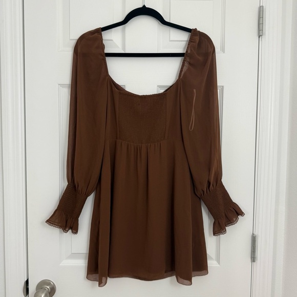 Wilfred Aritzia Emmylou Brown Cognac Square Neck Mini Dress Women’s 10 Chiffon - Picture 3 of 14